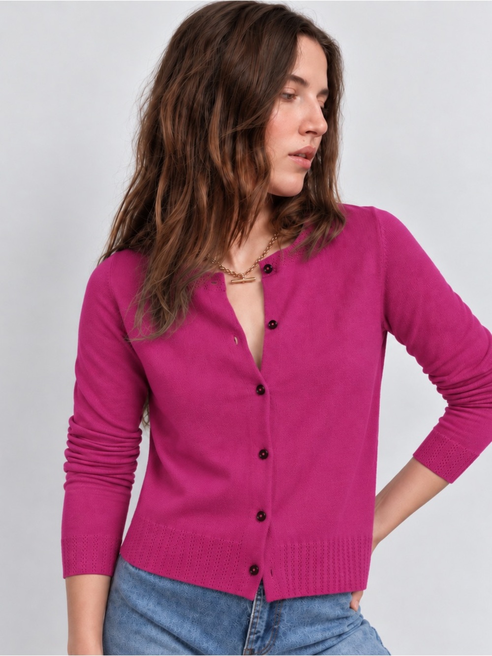 Boden Emilia Cotton Cardigan Pink Peony Pointelle Knit Medium